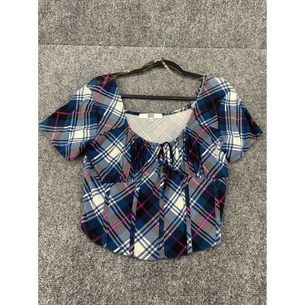 Madden NYC Plaid Crop Top Women XL Blue Pink Ribbed Tie Front Sweetheart Neck